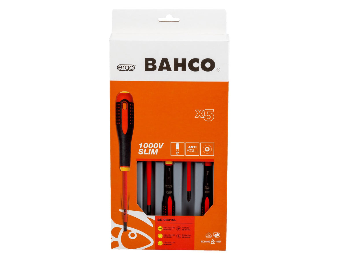 Bahco BE-9881SL ERGO Slim VDE Insulated Screwdriver Set, 5 Piece