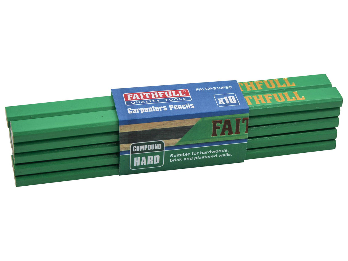 Faithfull FSC Carpenter's Pencils - Green / Hard (Pack 10)