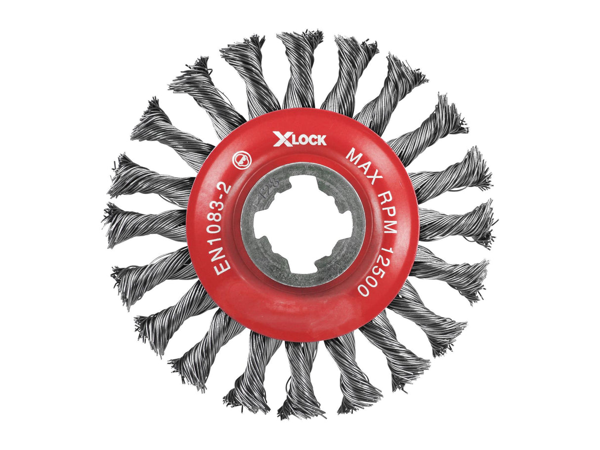 Faithfull X-LOCK Conical Wire Brush 115mm M14x2, 0.50mm Steel Wire