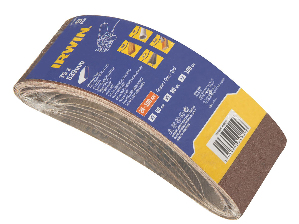 IRWIN® 75 x 533mm Sanding Belt Set, 9 Piece