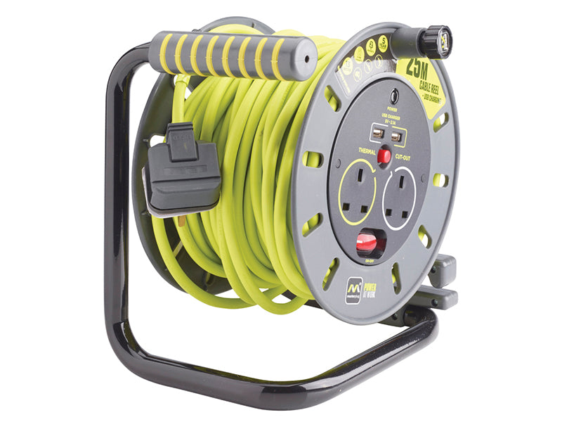 Masterplug PRO-XT Open Cable Reel 240V 13A 2-Socket & 2 USB (2.1A Shared) 25m