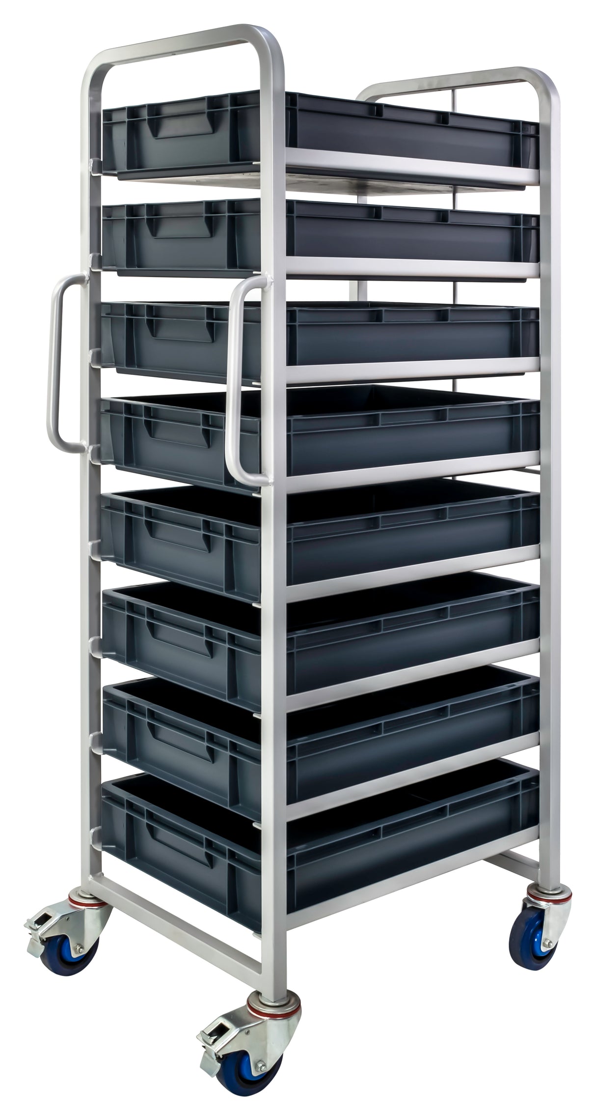 8-Tier Euro Container Tray Trolley - INC 8 x 22L Containers - 600X400X200mm