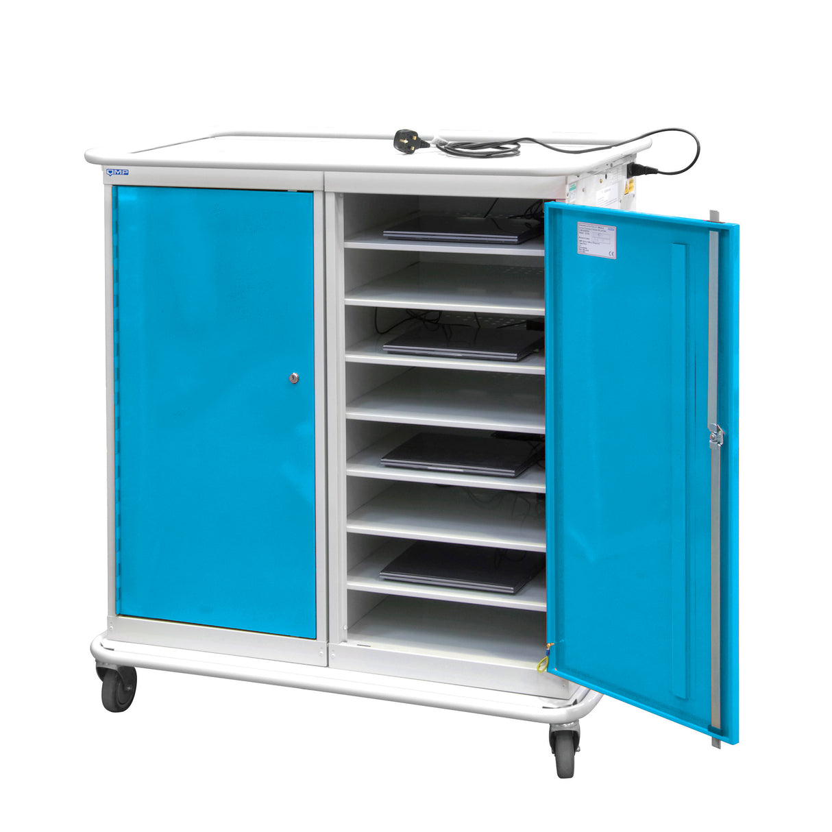 Large Laptop & Tablet Storage Trolley 1200x1040x660 - 16 Tiers, 2 Doors - Light Blue
