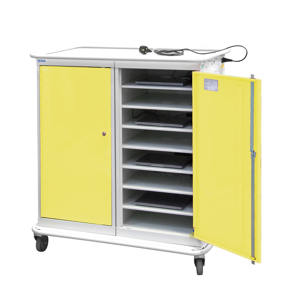 Large Laptop & Tablet Storage Trolley 1200x1040x660 - 16 Tiers, 2 Doors - Yellow