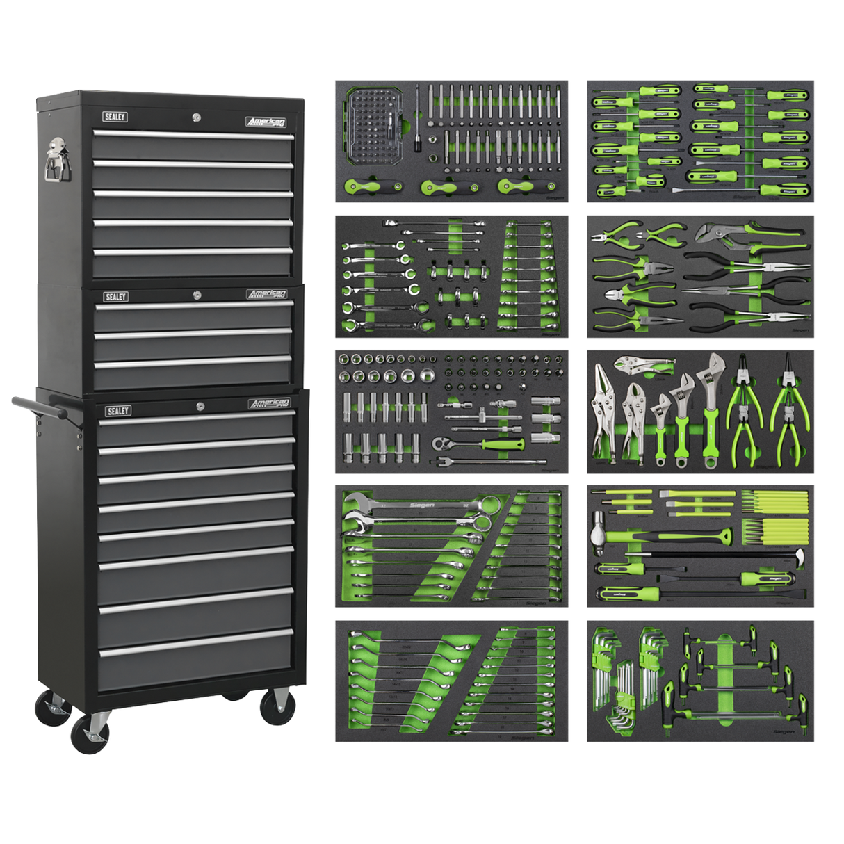Sealey Tool Chest Combination 16 Drawer with Ball-Bearing Slides - Black/Grey & 398pc Tool Kit
