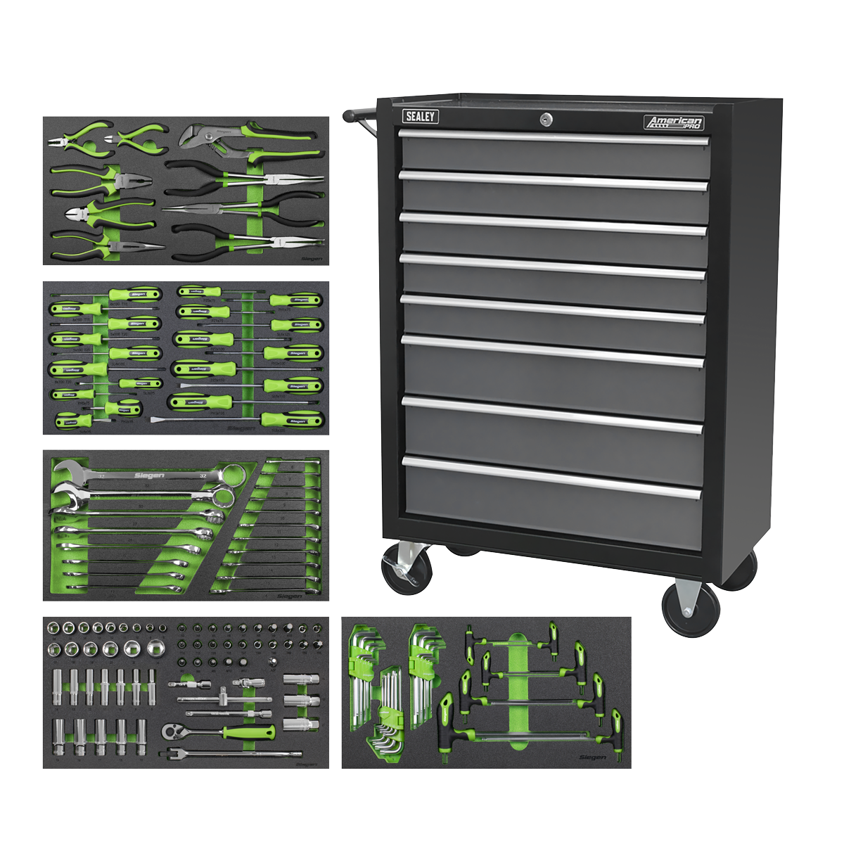 Sealey Rollcab 8 Drawer with 145pc Tool Kit - Black/Grey