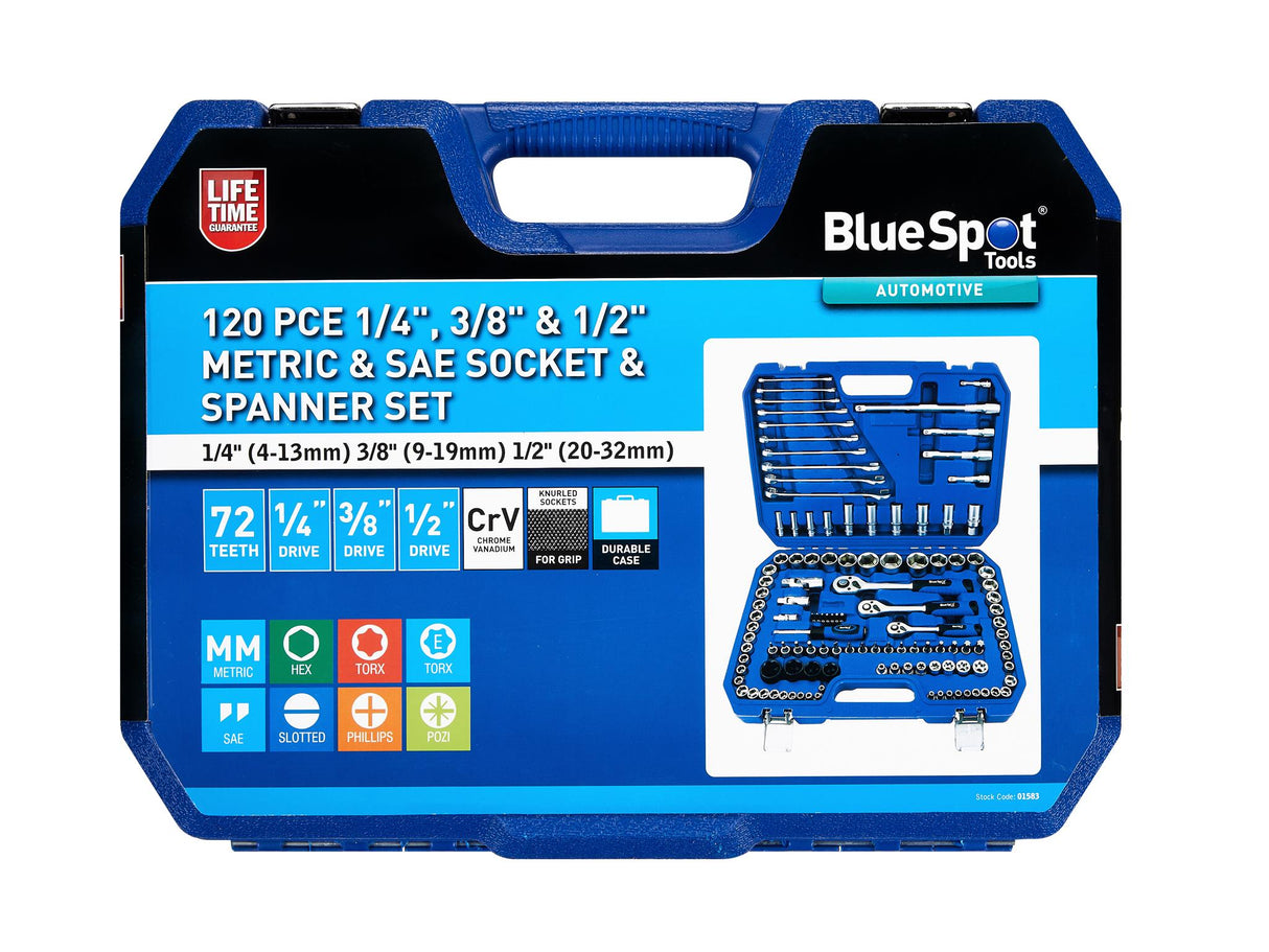BlueSpot Tools 1/2in, 3/8in & 1/4in Metric Socket Set, 120 Piece