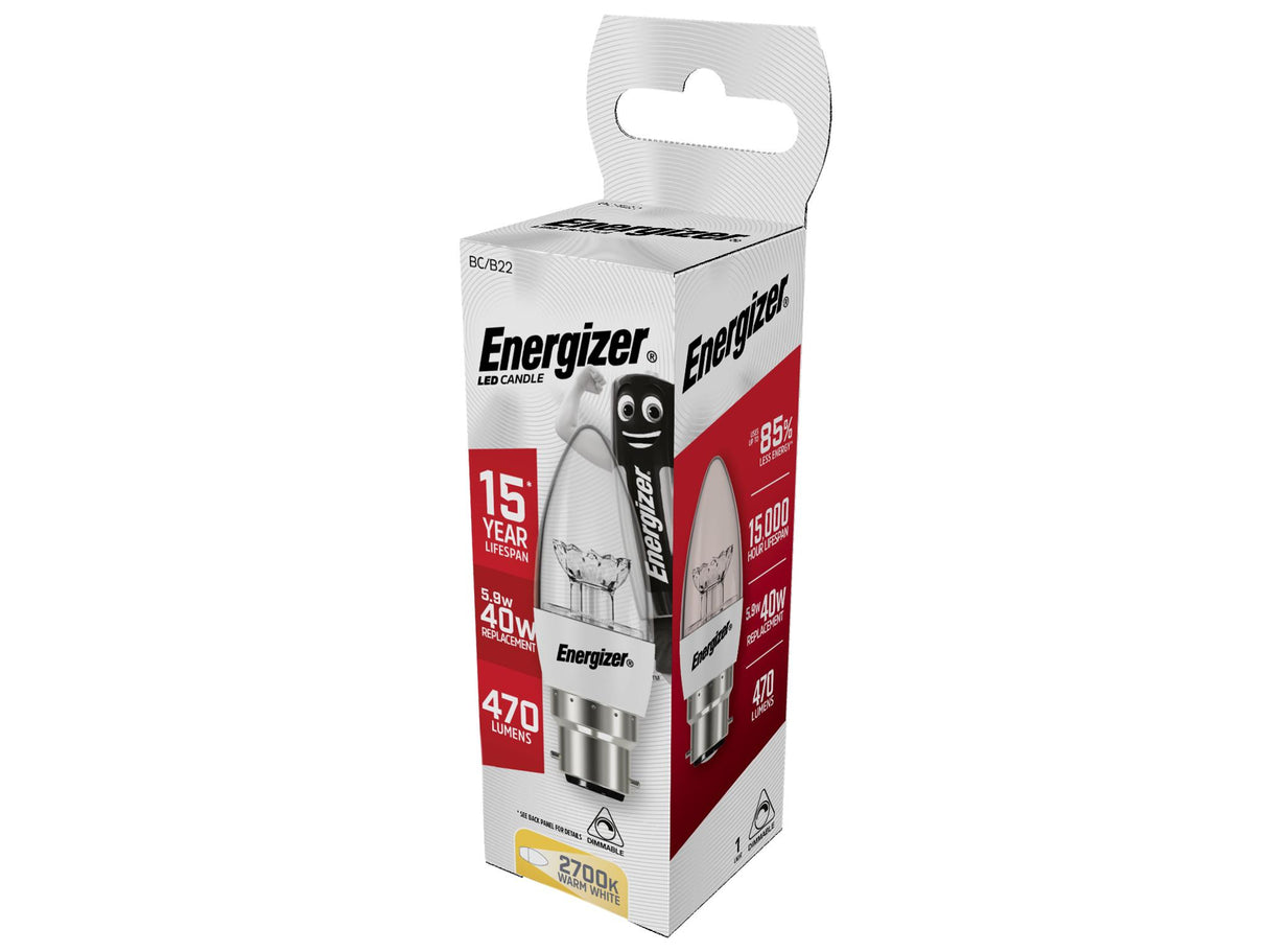 Energizer® LED BC (B22) Clear Candle Dimmable Bulb, Warm White 470 lm 5.9W