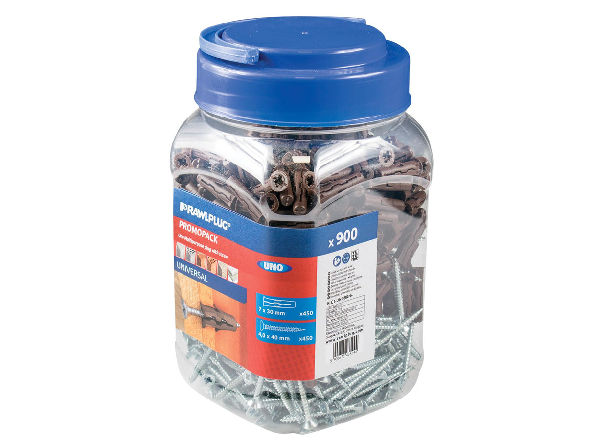 Rawlplug Brown UNOÂ® Plugs & Screws in Jar (450 Plugs + 450 Screws)