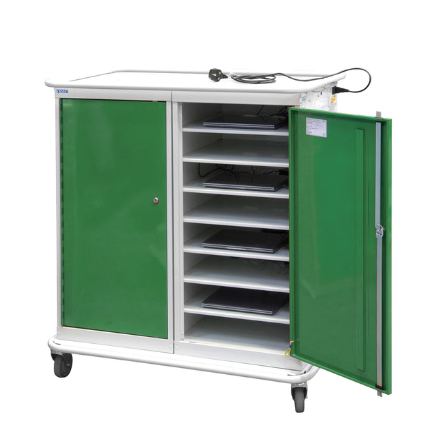 Large Laptop & Tablet Storage Trolley 1200x1040x660 - 16 Tiers, 2 Doors - Green