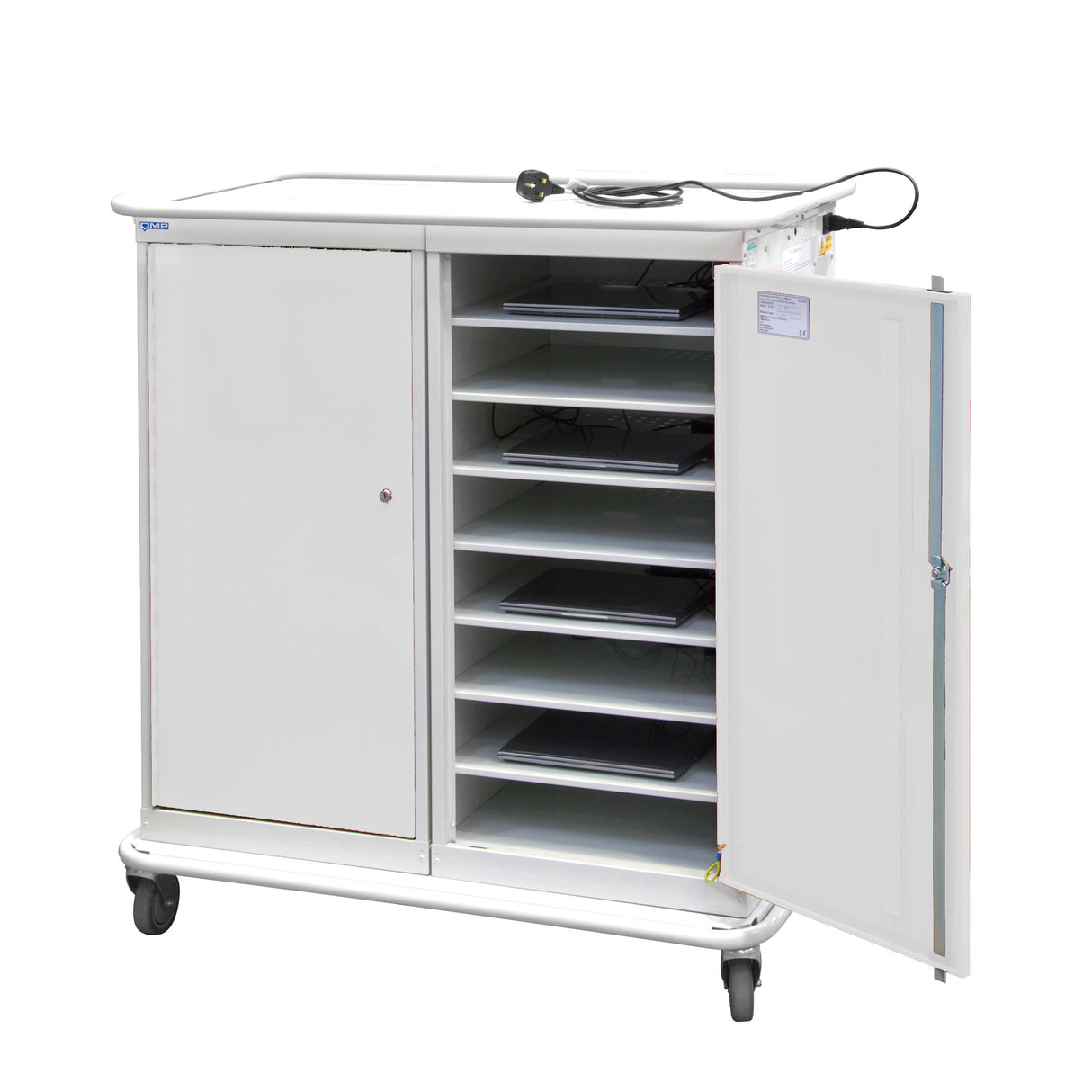 Large Laptop & Tablet Storage Trolley 1200x1040x660 - 16 Tiers, 2 Doors - Light Grey