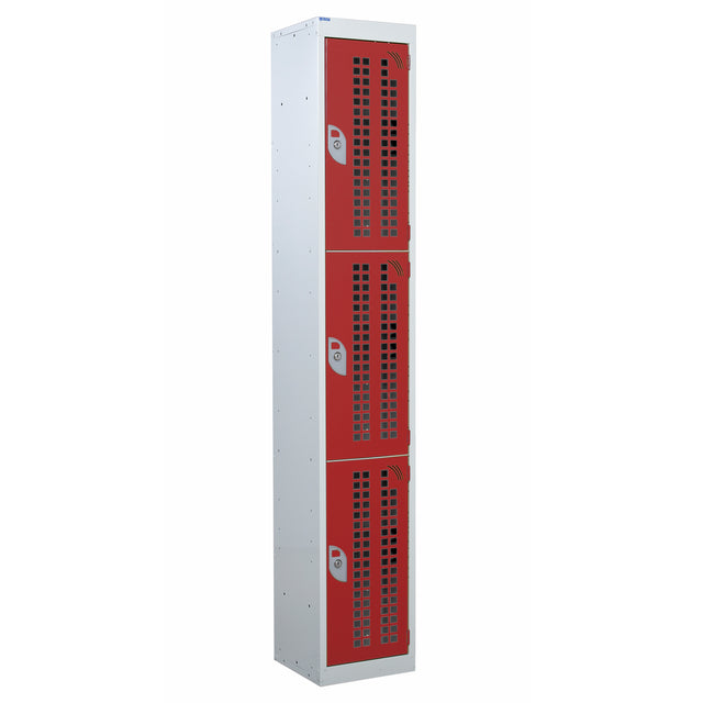 Perforated Door Locker 1800x300x450 - 3 Compartments - Red