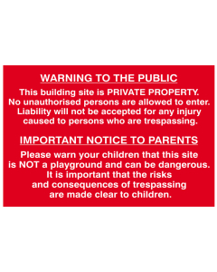Scan Building Site Warning to Public & Parents - PVC Sign 600 x 400mm