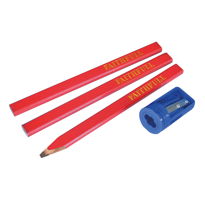 Faithfull Carpenters' Pencils Red (Pack 3 + Sharpener)