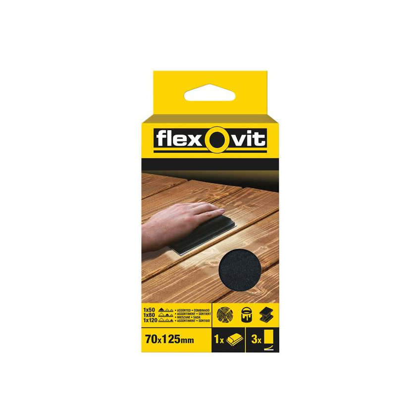 Flexovit Hook & Loop Sanding Block Kit Assorted 70 x 125mm (Pack 3)